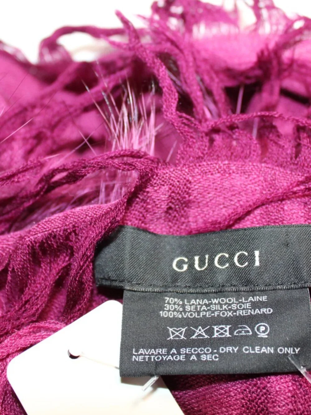 GUCCI Jacquard GG Wool Silk Fox Fur Trim Scarf Unisex Fringe Trim Stole Wrap